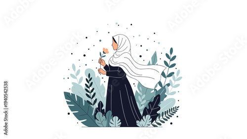 Muslim woman in hijab holding flower standing among tropical plants for modest fashion and Islamic lifestyle concepts.