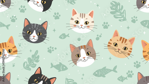 Cute seamless pattern with various cats faces and fish and paw prints for pet shop and animal lover accessories.