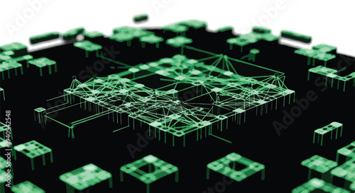 Abstract green digital network structure representing data flow, artificial intelligence, global technology connections, and advanced computing concepts.