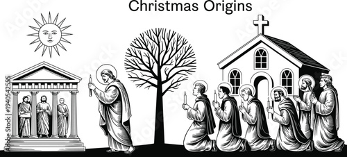 Black and white of Christmas origins with religious figures and ancient symbols 1
