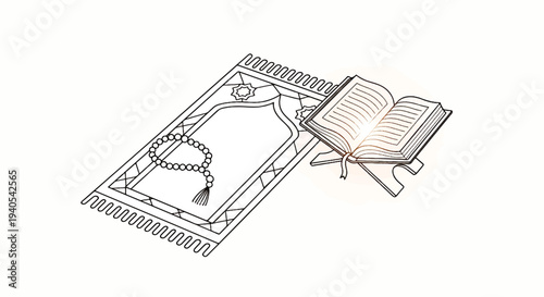 Eid Mubarak greeting card with prayer beads and open holy book on stand, symbolizing Happy Eid al-Fitr 2026 celebrations