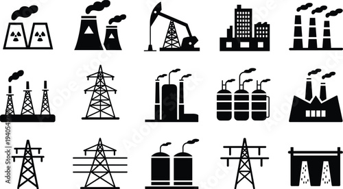 Black and white of industrial facilities and energy infrastructure including power plants factories and oil rigs