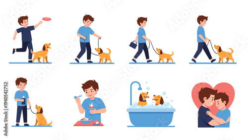 Set of illustrations showing a boy taking care of his pet dog through walking feeding bathing and playing together.