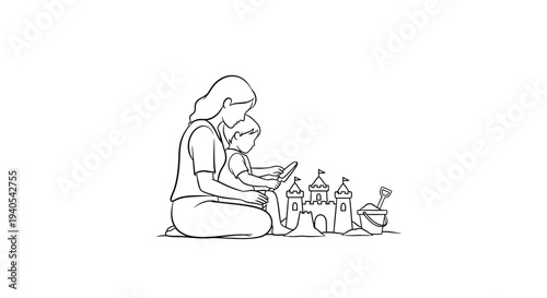 Mother and child playing with toys in a simple line drawing.