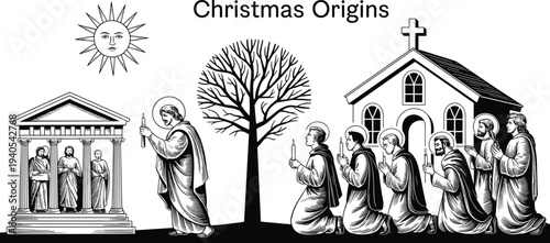 Black and white of Christmas origins with religious figures and ancient temple