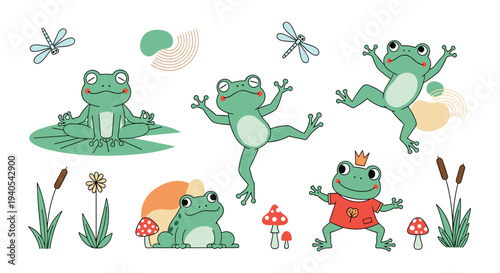 Collection of cute green frogs in various playful poses such as meditating and dancing among mushrooms and plants in a whimsical style.
