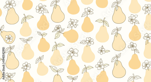 Elegant pattern of golden pear silhouettes and delicate line art drawings of pears with blossoms on a clean white background for textile.