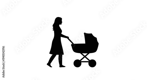 Silhouette of a mother walking with a baby stroller.