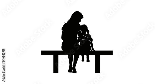 Silhouette of a mother and child sitting together on a bench.