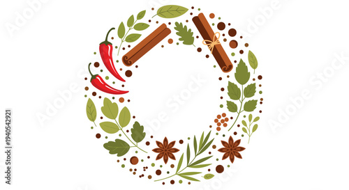 Aromatic spice wreath composition featuring cinnamon sticks, star anise, red chili peppers, and various green herb leaves for food decor.