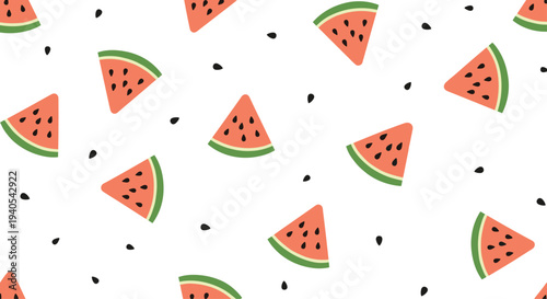 Simple and playful seamless pattern of watermelon slices and black seeds scattered on a white background in a flat vector design style.