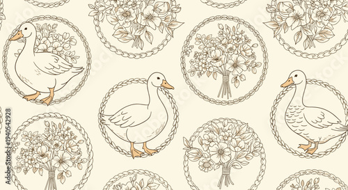 Vintage style seamless pattern featuring white ducks and floral bouquets in decorative rope frames on a warm beige background for fabric.