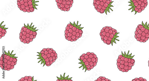 Delicious seamless pattern of ripe pink raspberries with small green leaves scattered evenly over a plain white background for packaging.