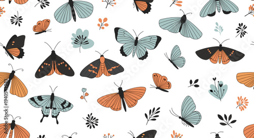 Stunning seamless pattern of various butterflies and moths in orange, black, and blue shades with delicate floral accents for wallpaper.