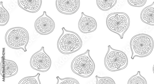 Seamless pattern of hand-drawn fig slices showing internal texture and seeds in a repetitive black and white outline style for fabric or wallpaper.