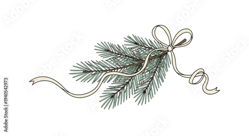 Festive illustration of a green pine branch decorated with a long flowing cream-colored ribbon tied in a bow for holiday greeting card designs.