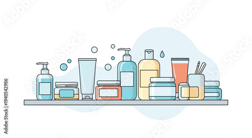 Horizontal composition of various skincare and beauty product containers like bottles jars and tubes on a bathroom shelf with blue soap bubbles.