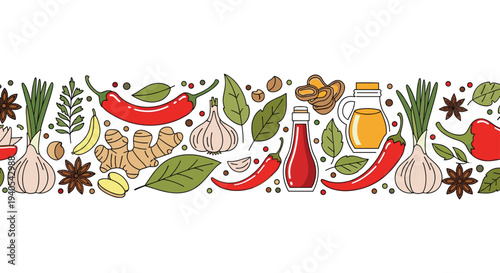 Wide border illustration of assorted kitchen spices herbs and ingredients including red chili peppers garlic ginger and oils for culinary themes.