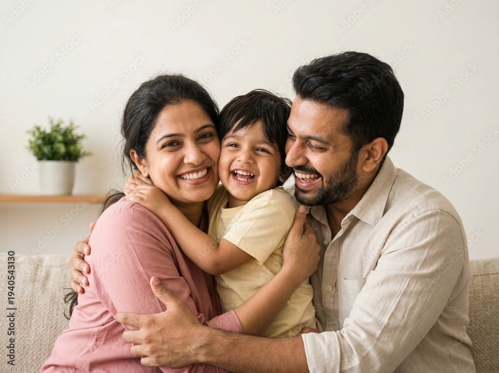 Obraz premium happy indian parents hugging laughing child in bright modern living room family bonding lifestyle concept