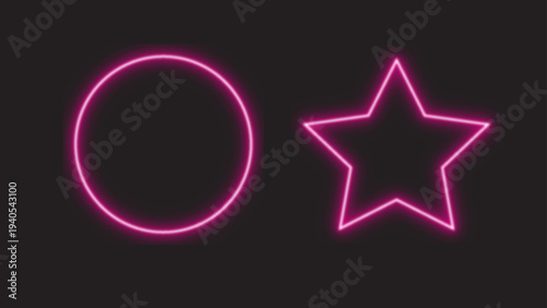 Neon light effect, circle and star shape purple color, black background, vector and illustration.