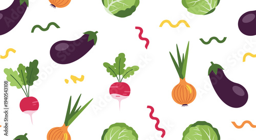 Playful seamless pattern featuring colorful vegetables like radishes eggplants onions and cabbages with squiggly lines on a white background.