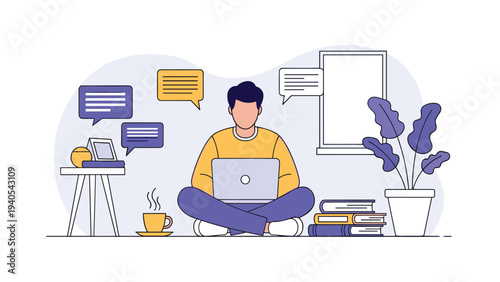 Young man freelancer working on laptop at home office with coffee and books for remote work and digital lifestyle.