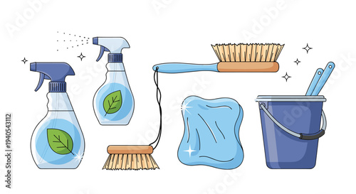 Comprehensive set of cleaning equipment including spray bottles of detergent scrub brushes a blue cloth and a plastic bucket with handles.