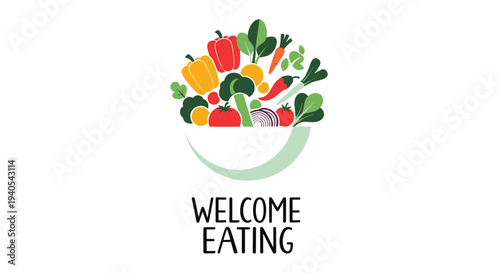 Colorful bowl overflowing with fresh vegetables like broccoli peppers and carrots with the text welcome eating for healthy lifestyle concepts.