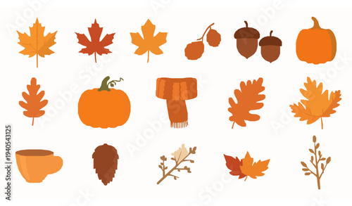 Autumn icon set vector with fall leaves pumpkins acorns and cozy seasonal elements isolated on white background