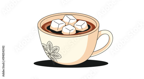 Cozy illustration of a warm mug of hot chocolate topped with fluffy white marshmallows and a subtle floral pattern on the cream-colored cup.