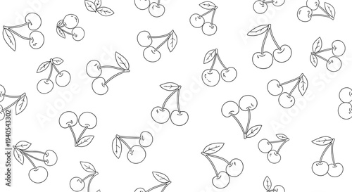 Seamless pattern featuring multiple pairs of cherries with stems and leaves rendered in a clean black and white line art drawing style.