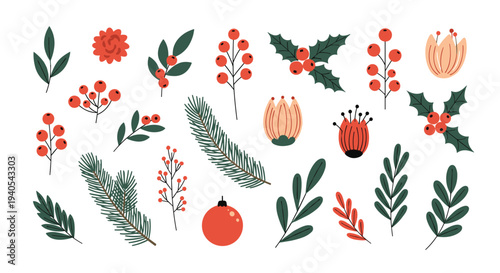 Festive collection of winter botanical elements including holly leaves, red berries, pine branches, and flowers for holiday greeting cards.