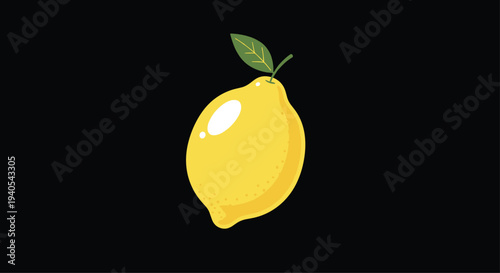 Vibrant yellow lemon fruit with a green leaf and tiny stem shown as a simple stylized icon on a solid black background for a modern look.