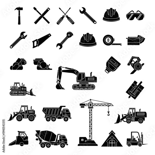 Construction Equipment and Tools Icons Set