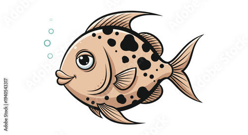 Cute cartoon fish with brown scales and dark spots blowing small bubbles while swimming happily in a simple stylized underwater illustration.