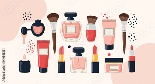 Extensive collection of makeup and cosmetic products including lipstick, perfume bottles, brushes, and lotions in a stylish pink and red theme.