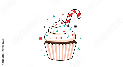 Delicious chocolate cupcake topped with white whipped cream frosting and a red striped candy cane decorated with colorful holiday sprinkles.