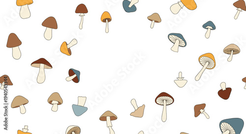 Playful seamless pattern of various colorful mushrooms in earth tones like brown, orange, and blue scattered across a clean white background.