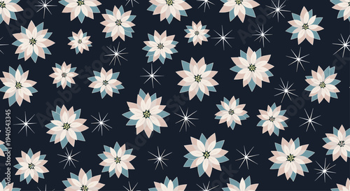 Elegant seamless pattern featuring white and blue poinsettia flowers with twinkling stars on a dark navy background for festive holiday decor.