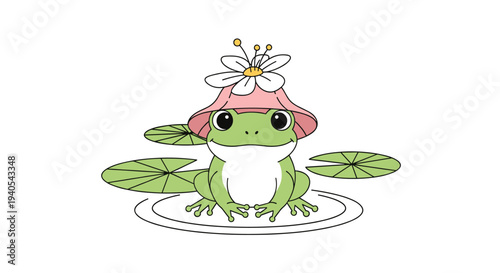 Adorable green frog sitting on a lily pad wearing a pink flower hat with a white daisy on top in a cute and charming character illustration.