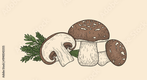 Detailed hand drawn illustration of brown mushrooms and fresh rosemary sprigs in an earthy color palette for culinary or nature themes.