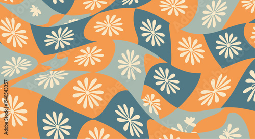 Groovy retro pattern inspired by the seventies featuring wavy shapes in orange, blue, and cream colors adorned with simple white daisy flowers.