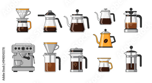 Comprehensive set of icons for coffee brewing equipment including moka pots, french presses, a modern espresso machine, and glass carafes.