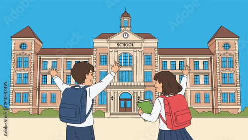 Happy schoolboy and schoolgirl with backpacks running towards a large classic school building for the first day.