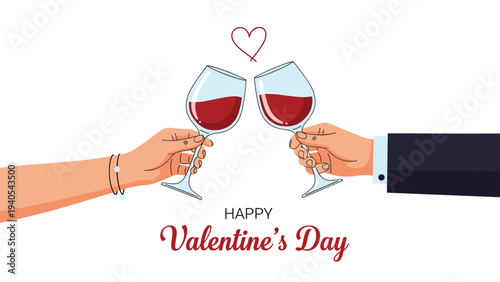 Couple clinking glasses of red wine in a romantic toast to celebrate happy valentines day with heart and text on white background.