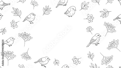 Seamless pattern with hand drawn birds and berries on white background for winter and autumn decorative fabric design.