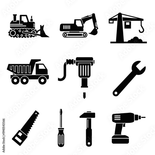 Construction Equipment and Tools Icons Set: Bulldozer, Excavator, Crane, Truck, Jackhammer, Wrench, Saw, Screwdriver, Hammer, Drill