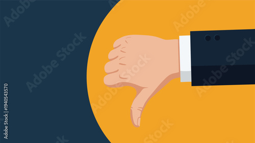 Displeased businessman hand in a blue suit showing a thumbs down gesture as a symbol of disapproval, rejection, or failure.