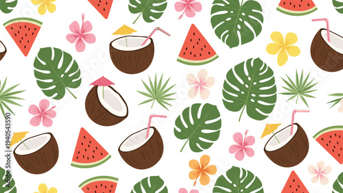 Colorful seamless pattern featuring tropical cocktails in coconuts, watermelon slices, monstera leaves, and exotic hibiscus flowers.