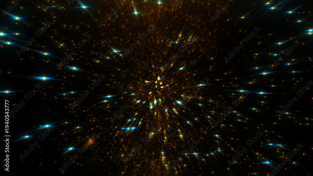 Fototapeta premium Numerous tiny golden and bright blue lights streak across a dark void, creating a vibrant effect of cosmic motion.